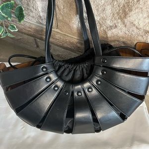 Vintage black leather crescent bag with cinch